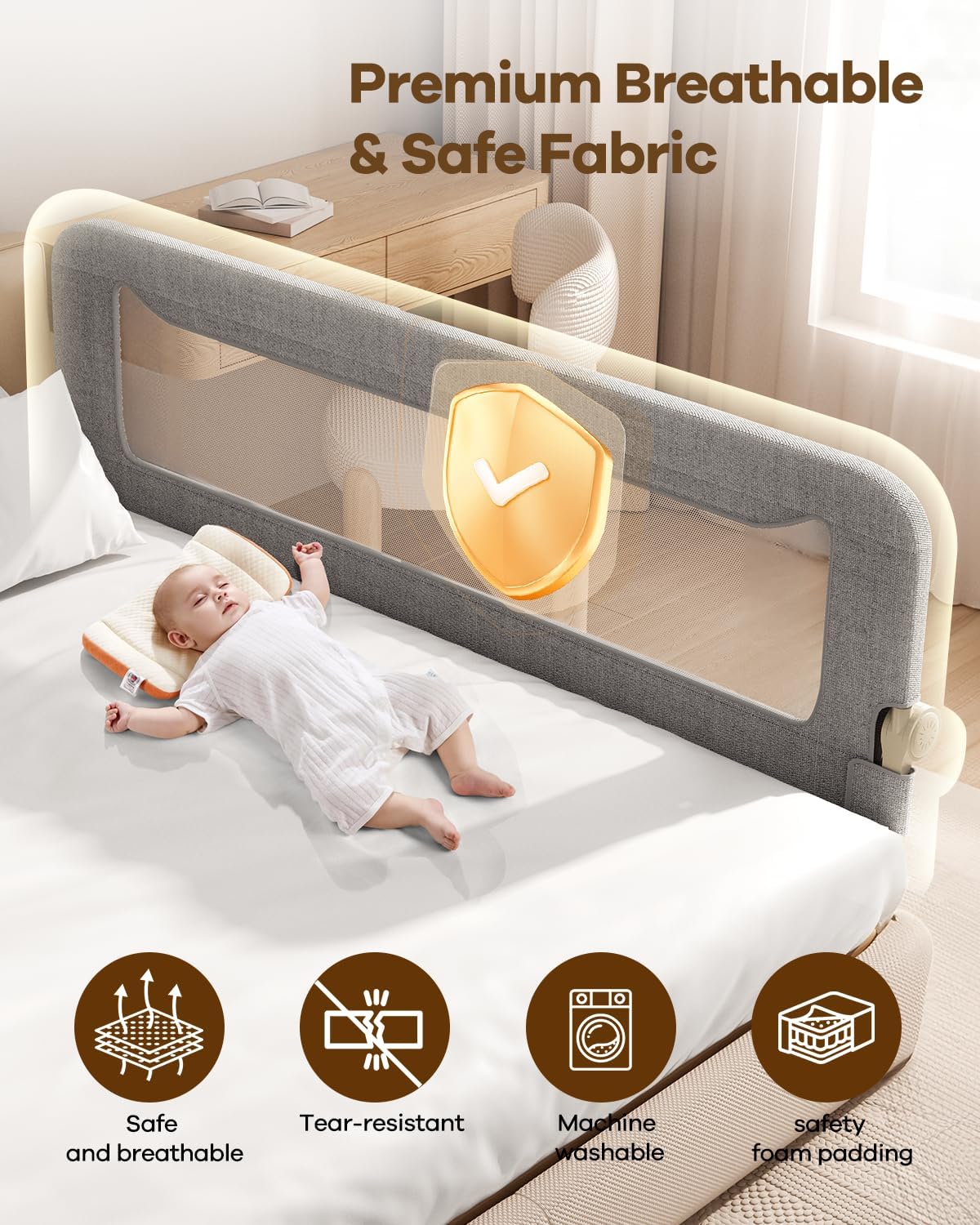 Foldable Bed Rail for Toddlers, 71in Reinforced Carbon Steel Frame&Connectors, Breathable Cationic Fabric - Safety