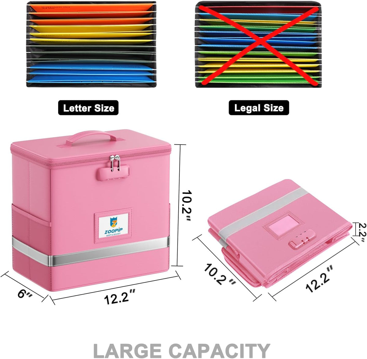 Fireproof File Box with Lock, Collapsible Document Organizer, Pink