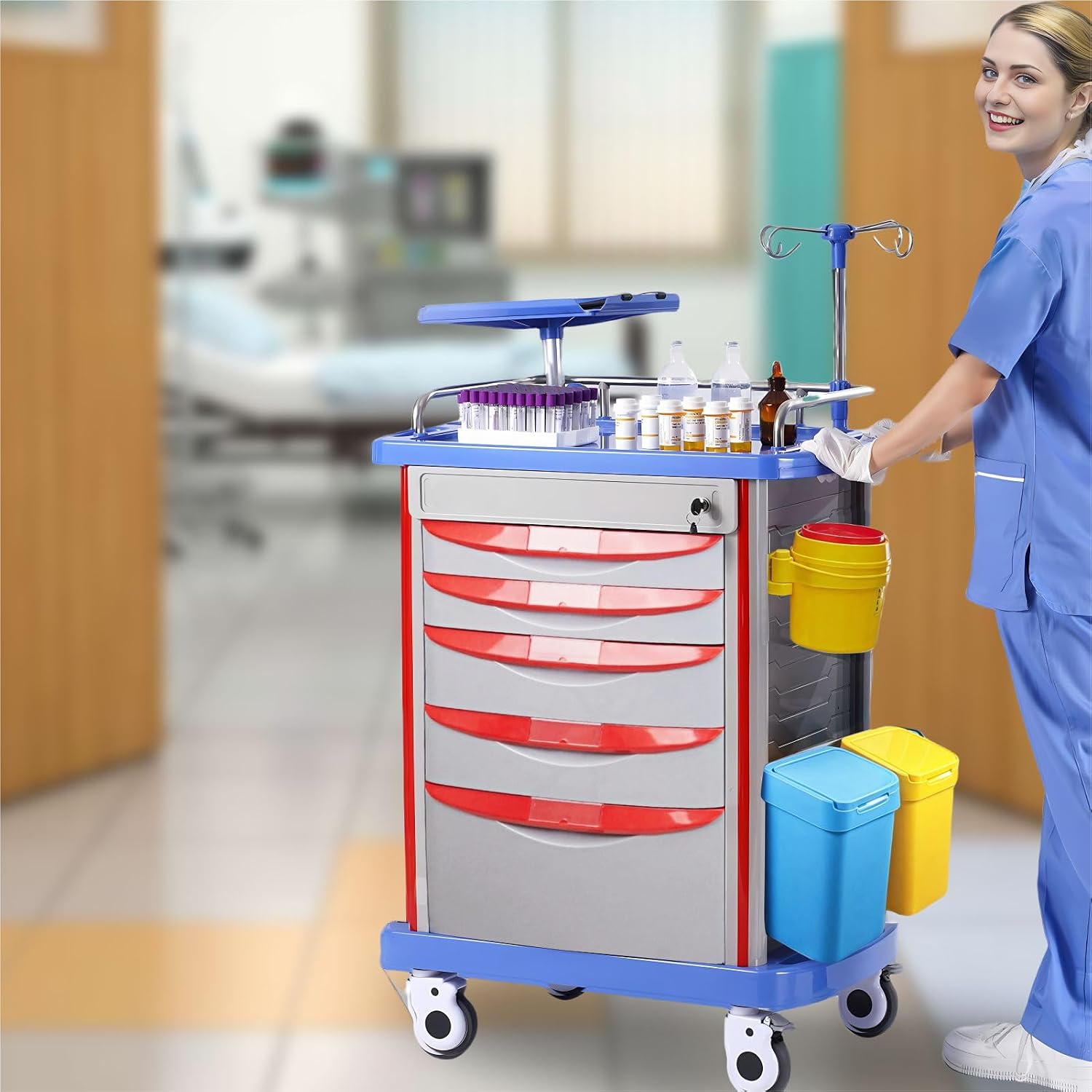 Crash Cart with Accessories Mobile Emergency Treatment Trolley with IV Pole, Cardiac Board, O₂ Tank Holder, Trash Bin