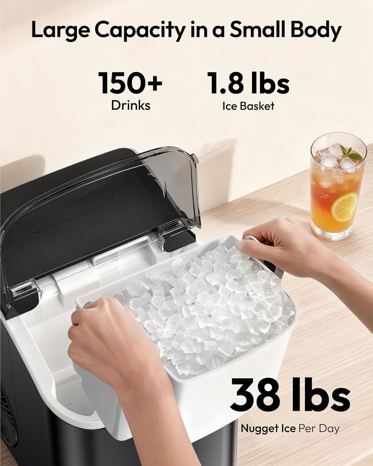 Nugget Ice Maker Countertop with Handle, 38lbs Daily Sonic Ice