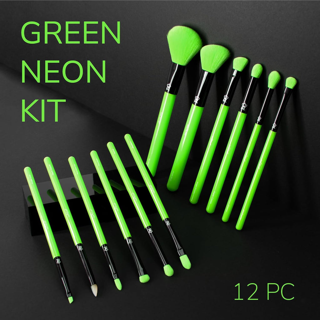 Neon Green Makeup Brush Set, 12pc Vegan Face and Eye Brush Kit