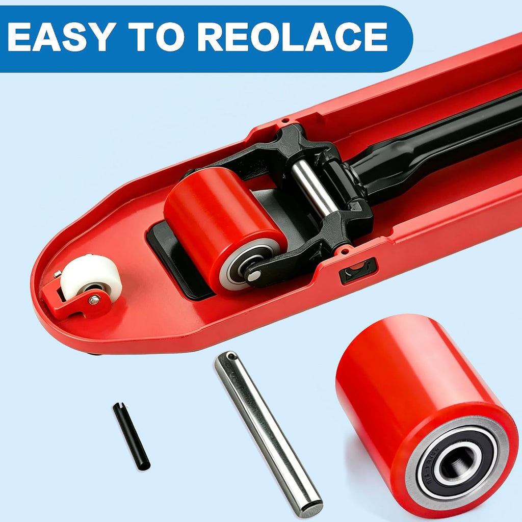 A Pair Pallet Jack Load Wheels Replacement Kit 3"x3.75"(74.5mm x 93mm) Red | Including Heavy Duty PU Tread
