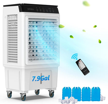 7.9Gal Portable Swamp Cooler, 2300CFM Evaporative Air Cooler with Auto Oscillating, Remote, 3 Speeds, 12H Timer & 4