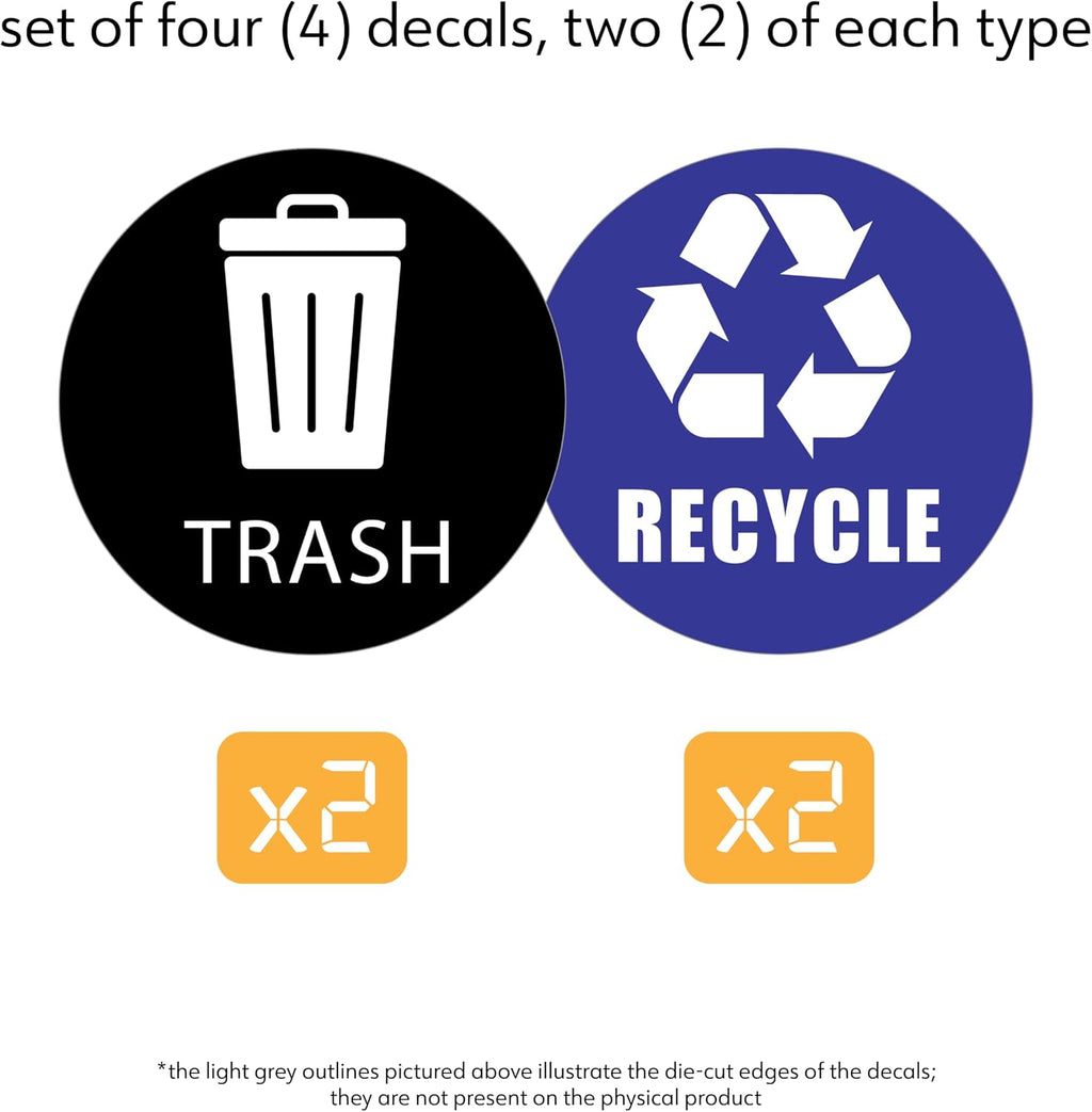 Trash and Recycle Bin Decals – Set of 4 Vinyl Stickers (2 Trash, 2 Recycle), 6-Inch Gloss Finish – Made in USA