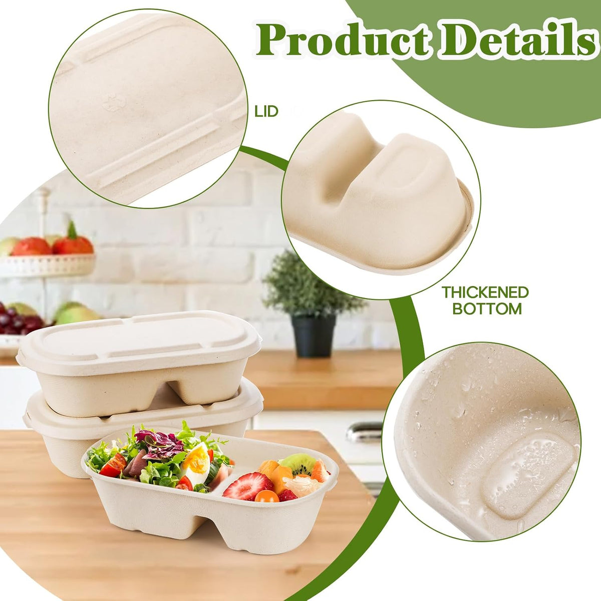 50 Pcs Compostable Take Out Food Containers with Lid, 33 oz Bagasse to Go Container 2 Compartment Rectangular