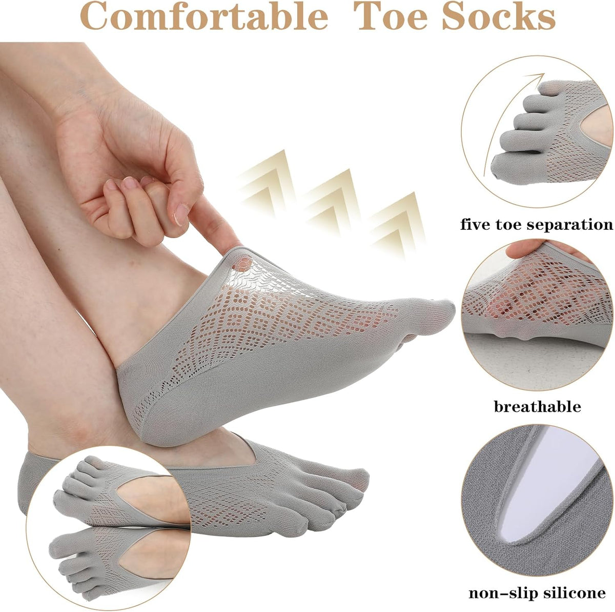 5 Pairs Orthopedic Toe Compression Socks for Bunion, Low Cut Liner Five Finger Socks No Show with Gel Tab Athletic
