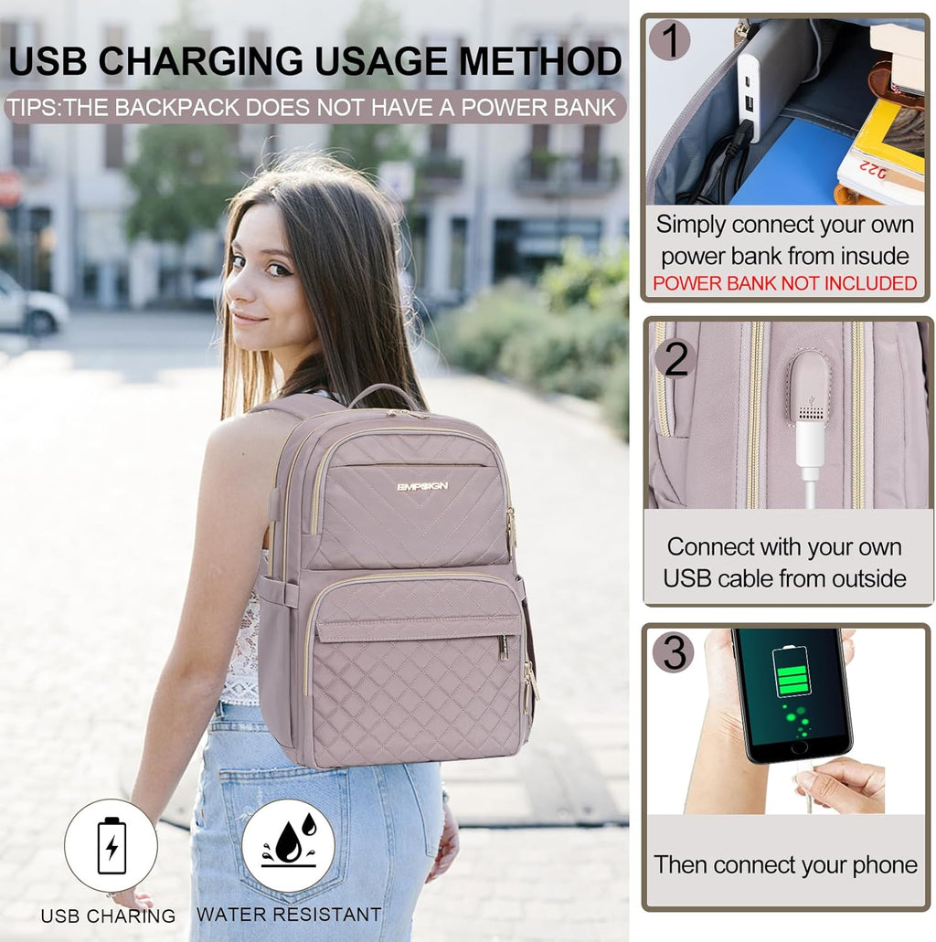 Laptop Backpack Purse for Women and Men with USB Charging Port, 15.6 Inch Travel Water Resistant Quilted Backpack