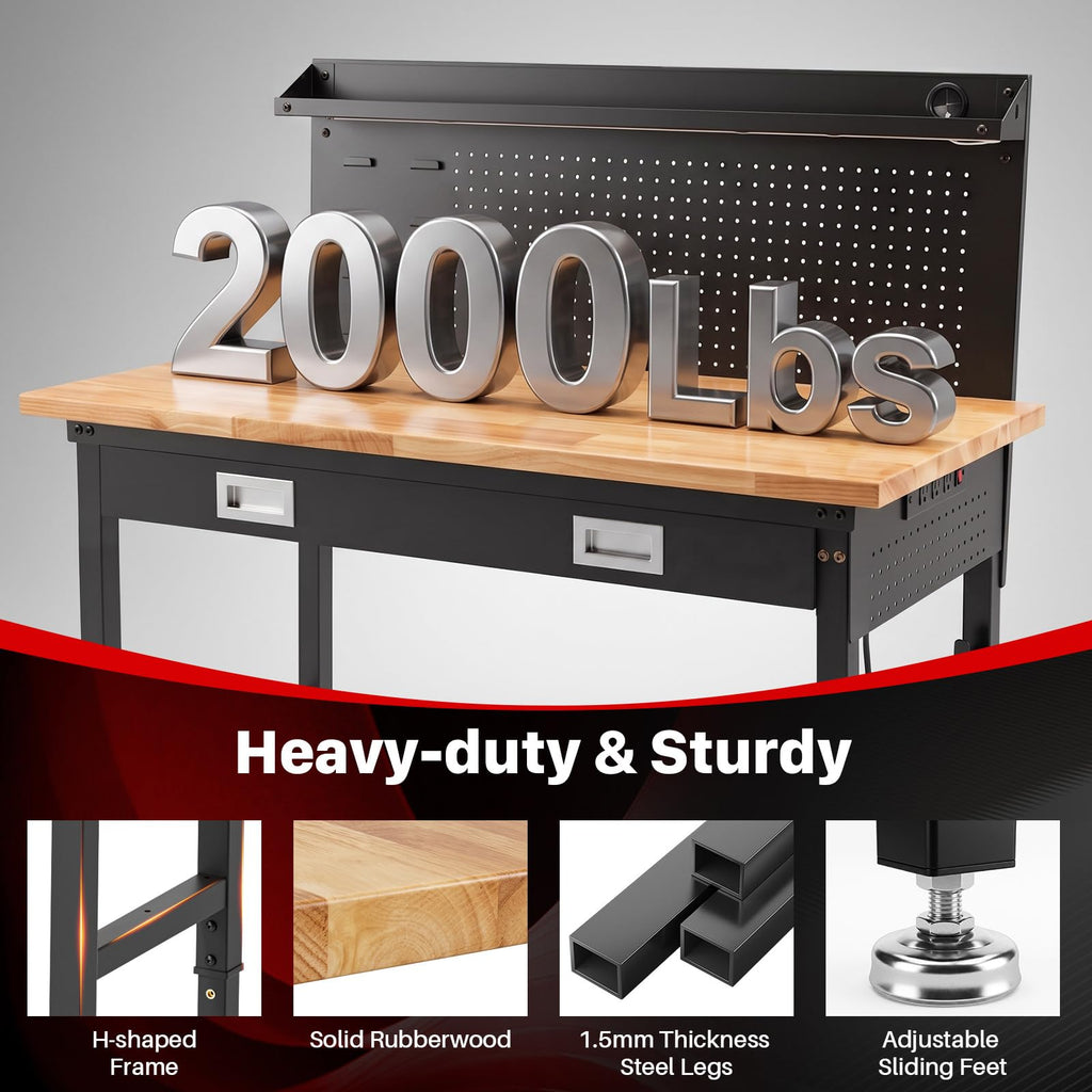 48" Workbench with Drawers, Work Benches for Garage with Strip Light, Adjustable Work Table with Large Pegboard, 2000