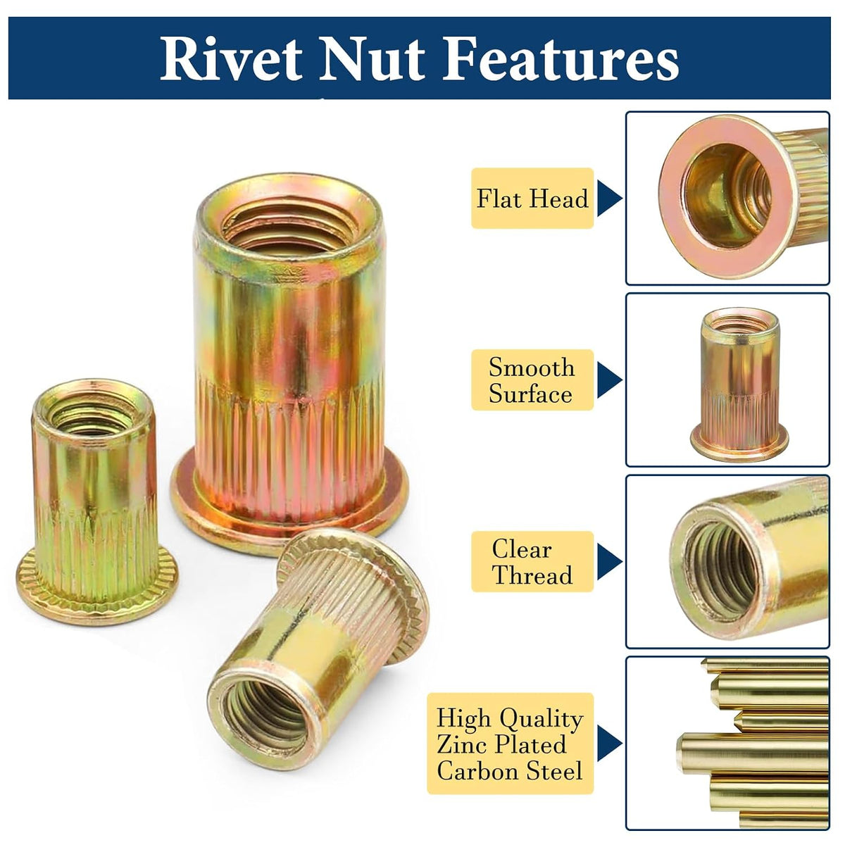SAE Rivet Nut Assortment Kit,240Pcs #6-3/8 Zinc Plated Rivnuts Insert
