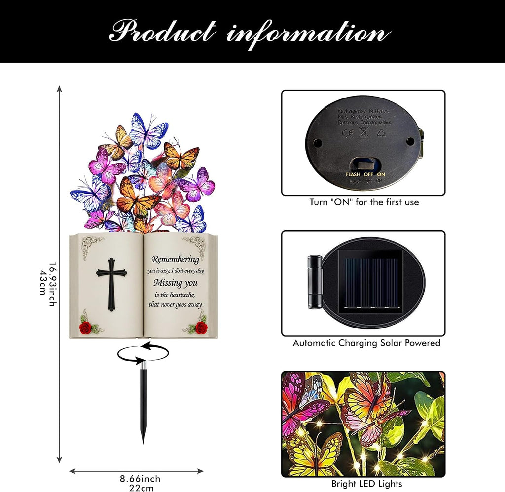 Solar Bible Cross Memorial Stake - Metal Silhouette Religious Grave Decoration for Cemetery - Flat Christian Cross