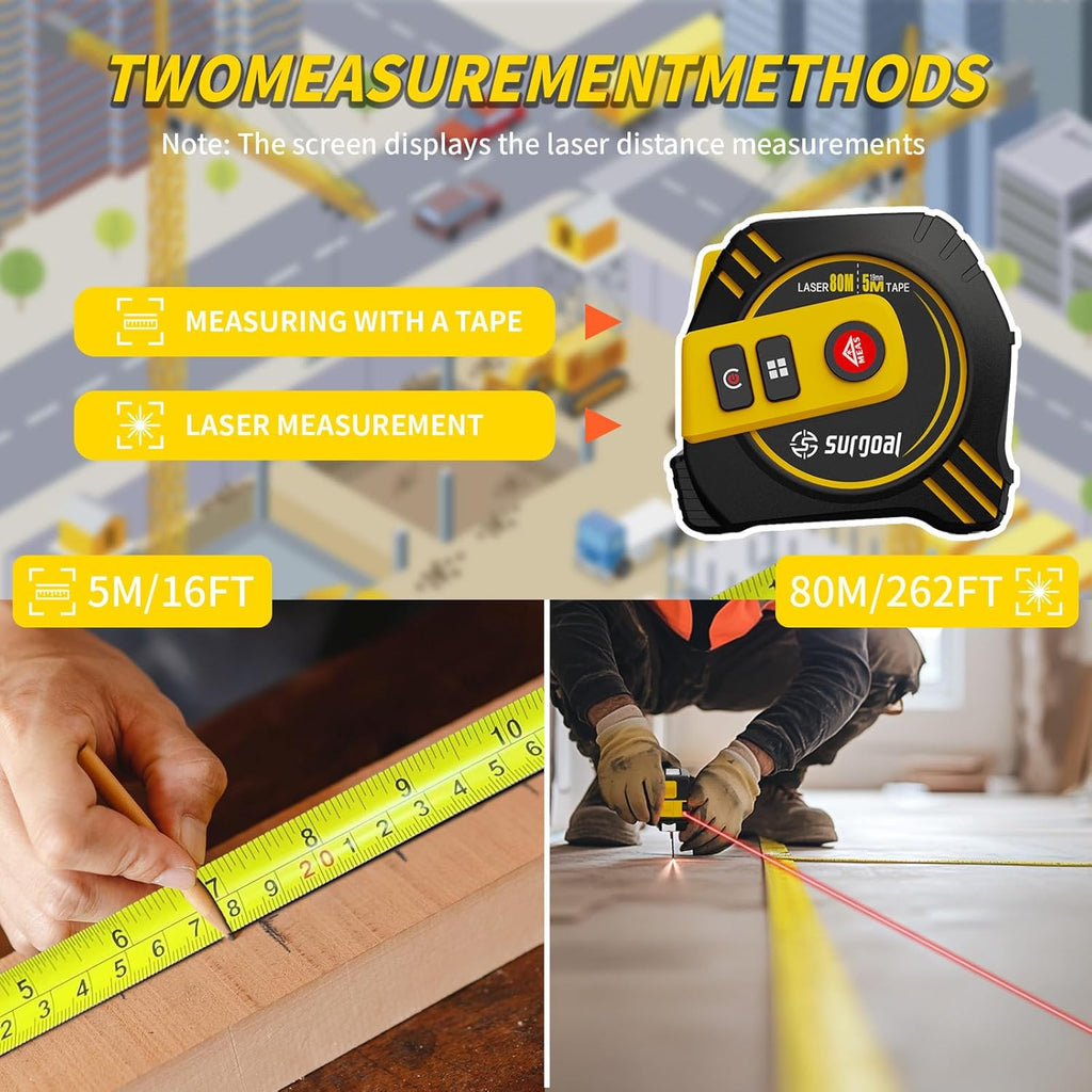 2-in-1 Laser Tape Measure 262ft Rechargeable Digital Tape Measure with Laser 16Ft Construction Measuring Tape for