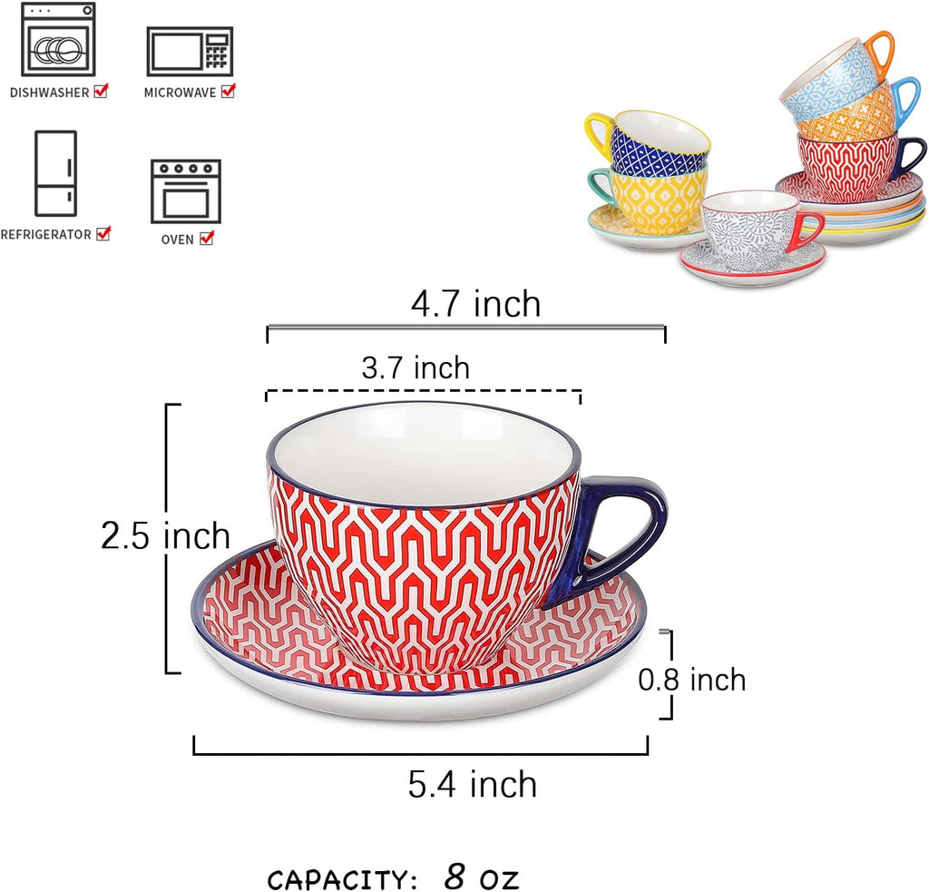 Ceramic 8 oz Cappuccino Cup Set with Saucers, Espresso Coffee Cups, Latte Macchiato for Party Cafe Home, Set of 6