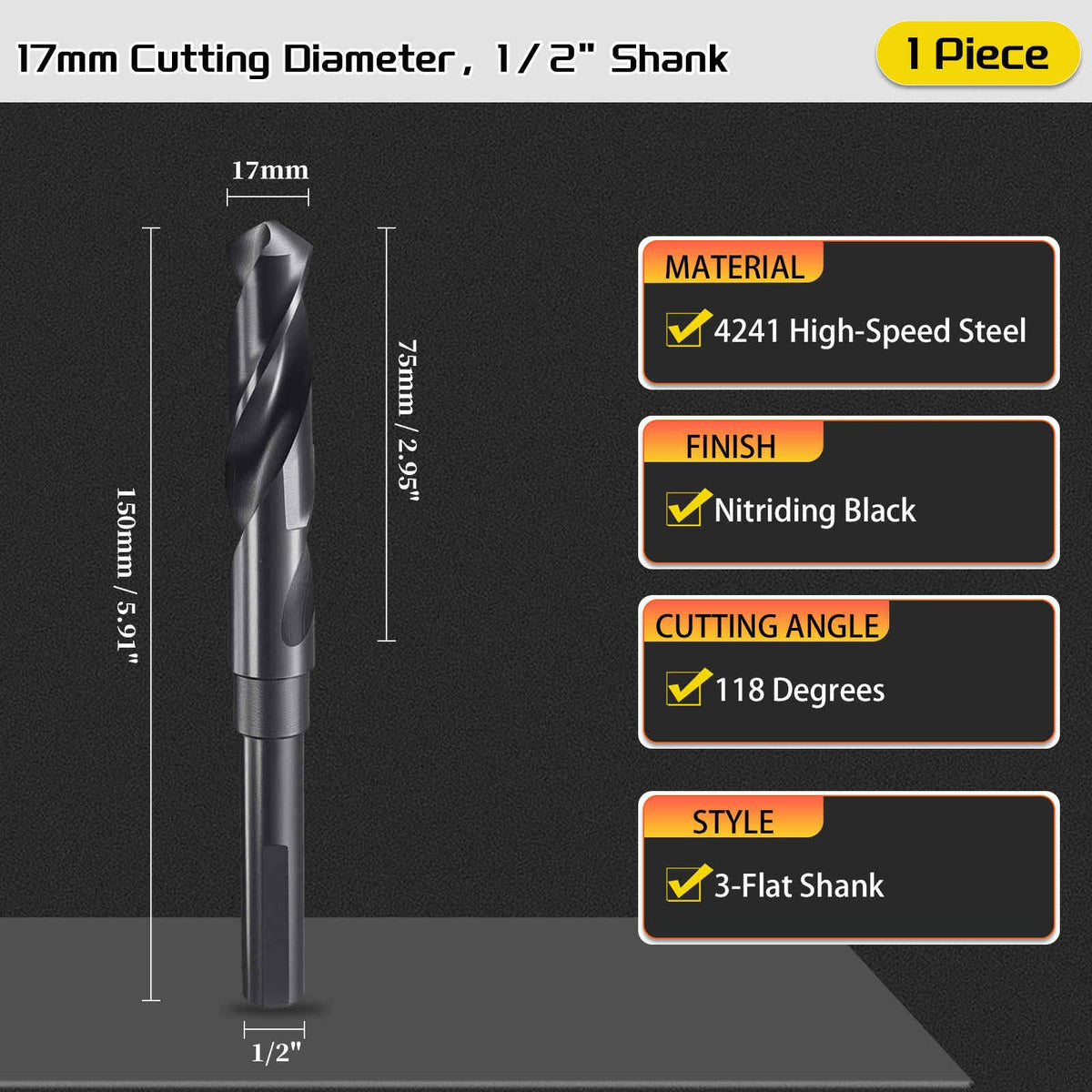 CoCud Drill Bit, 17mm Diameter, 1/2" Shank 3-Flat 4341 HSS