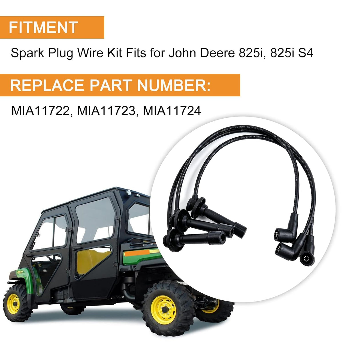 Spark Plug Wires and Spark Plugs Set Compatible with John Deere 825i 825i S4 Replace MIA11722 MIA11723 MIA11724