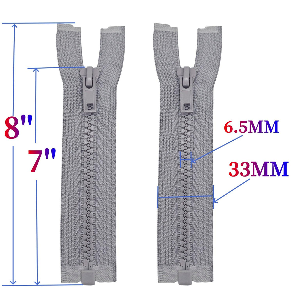 2PCS #5 7 Inch Separating Jacket Zippers for Sewing (Grey)