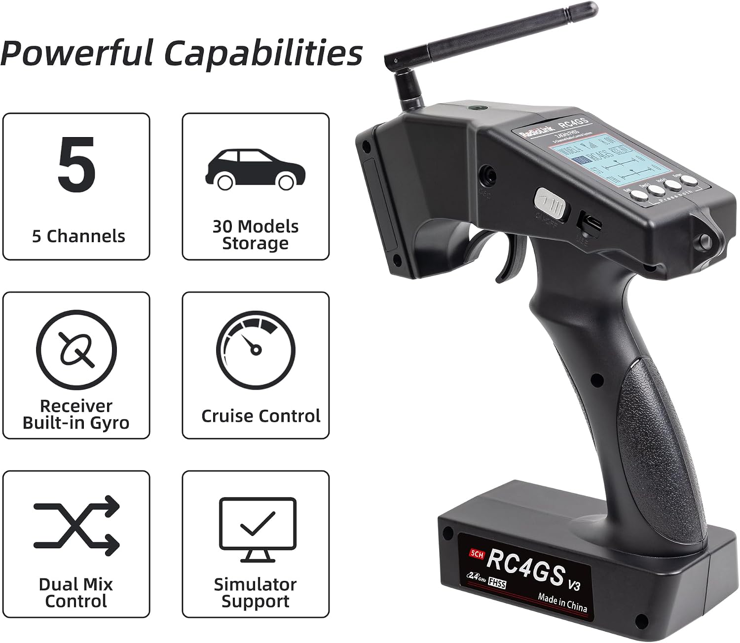 RC4GS V3 5CH 2.4G RC Transmitter R6FG Gyro Receiver for Crawler | 2.4GHz Surface Radio Remote Controller Combo, 30