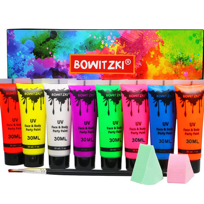 UV Neon Face and Body Paint 8 x 30ml Liquid Kit Black Light Glow in the Dark Makeup Set Fluorescent Blacklight