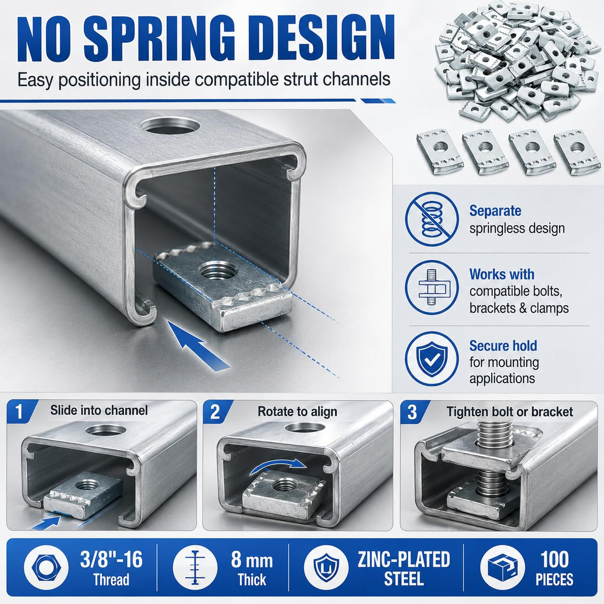 100 Pack 3/8-16 Strut Channel Nuts, 8mm Zinc-Plated Steel, No Spring
