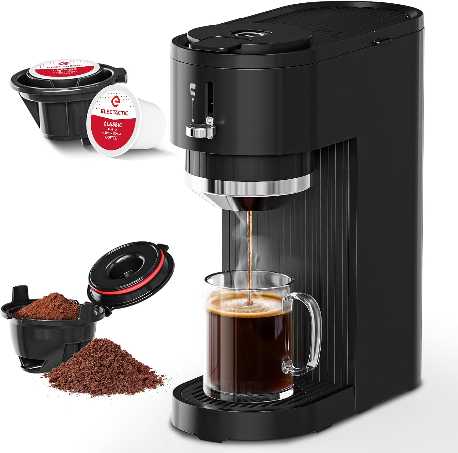 Single Serve Coffee Maker – Brew with Coffee Pods & Grounds, Compatible with Kcup Coffee Pods, Small Sizes Up to 6 8