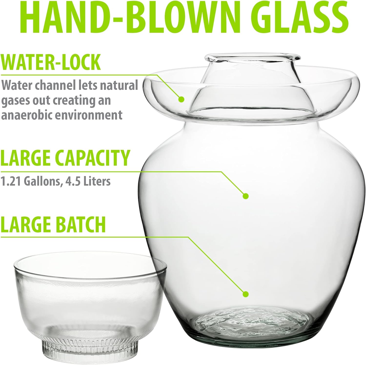 Sichuan Pickling Jar, 4.5 L Glass Fermentation Crock, Airlock | Water-Seal Airlock Lid Lets Gases Escape & Keeps Air