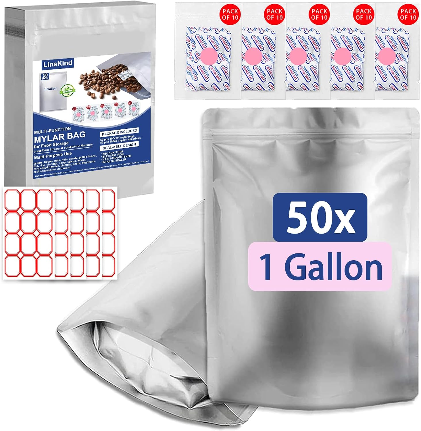 Mylar Bags with Oxygen Absorbers, 1 Gallon 50Pcs for Food Storage | 10"x14" 10.5-Mil Food-Grade Mylar Bags for Food