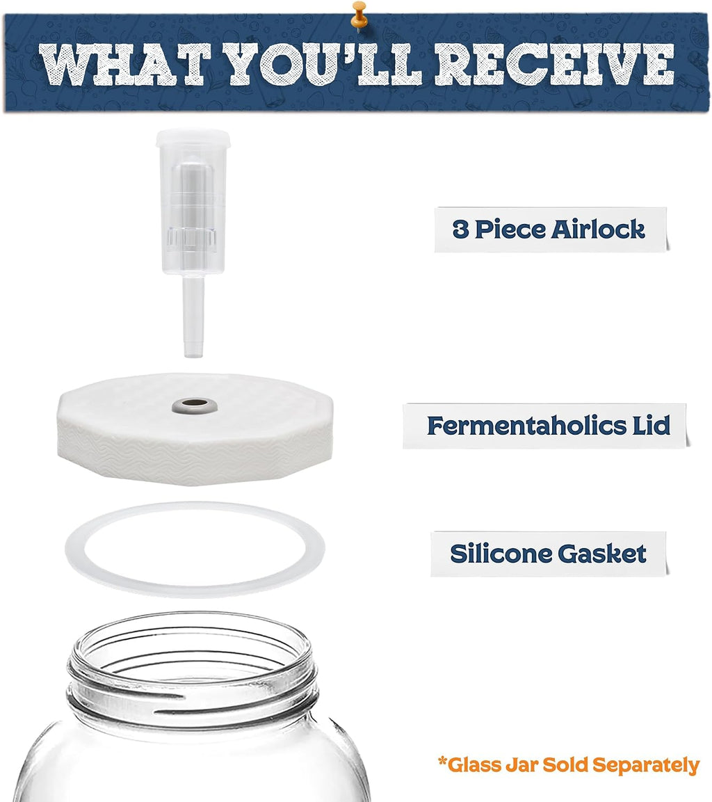 2 Pack - 110mm One Gallon Fermentation Lid, Gasket & 3-piece Airlock - Airtight Lid Turns Gallon Jar Into A Fermenter