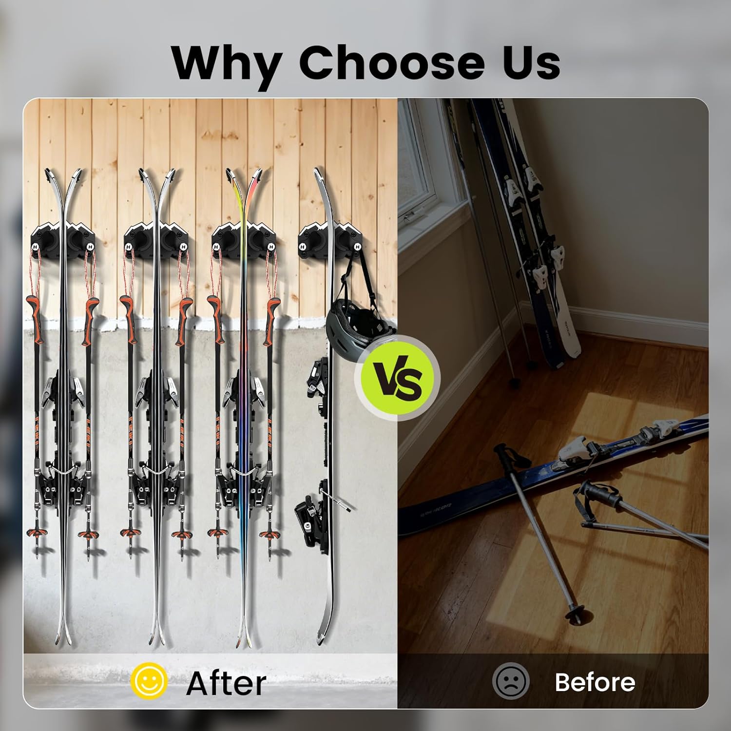 Ski & Snowboard Wall Mount,Fits Any Ski or Snowboard, Ski Wall Rack Non-Slip Storage for Garage