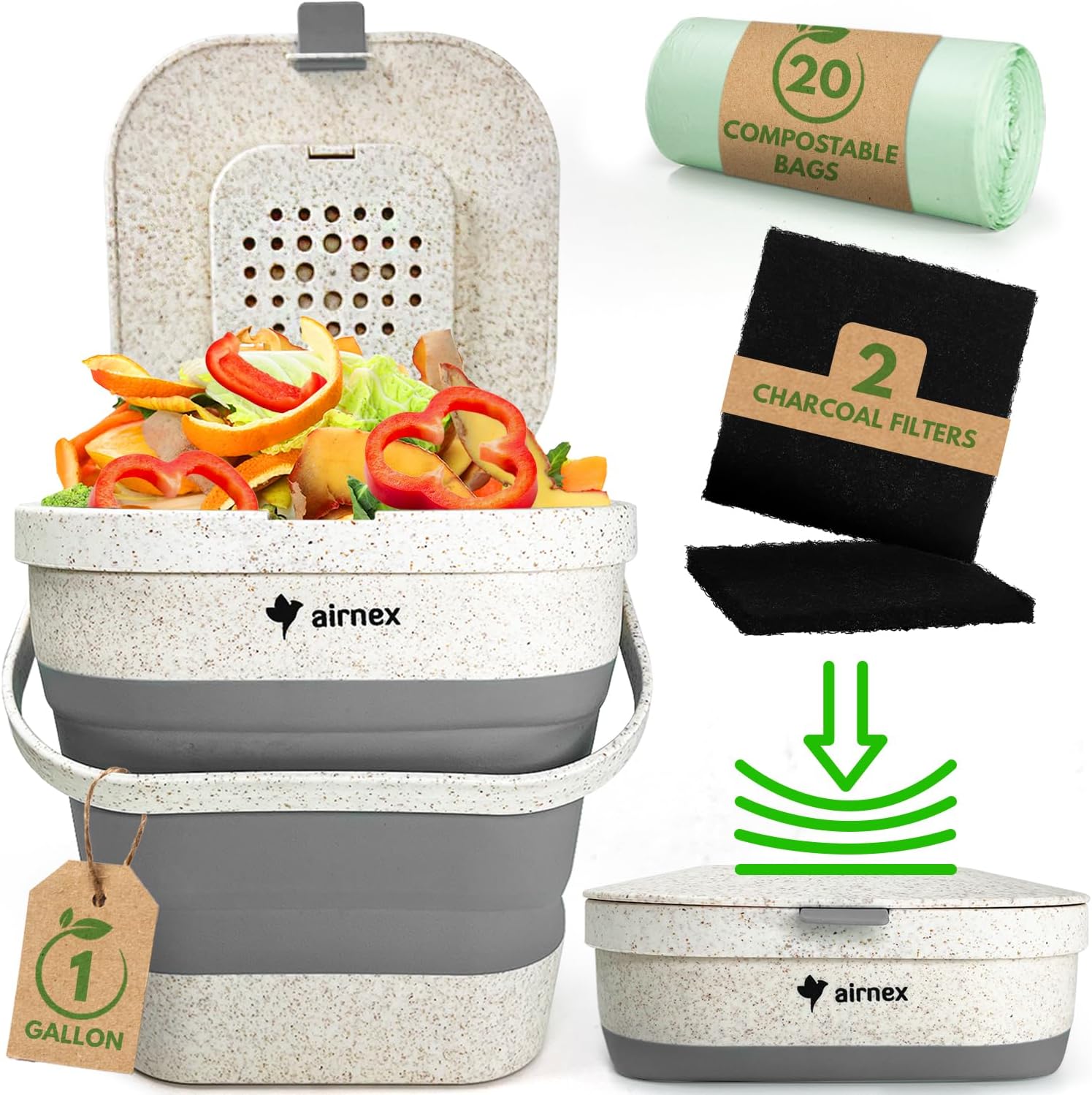 Collapsible Compost Bin Kitchen Counter Caddy - 1 Gallon Countertop Compost Bin with Lid Made of Wheat Straw