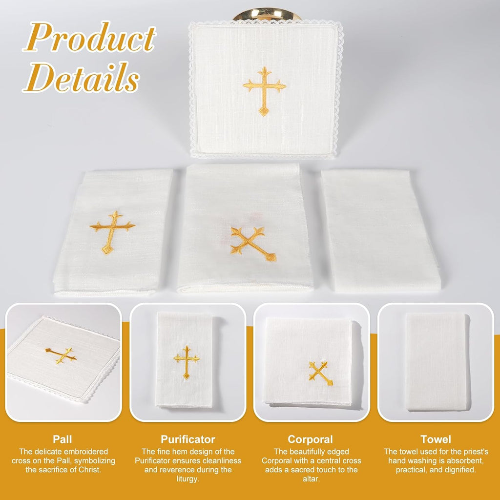 4 Pcs Altar Supplies Linen Corporal for Churches Set(Pall,Corporal,Purificator,Towel),White Linen Altar Cloth Gold