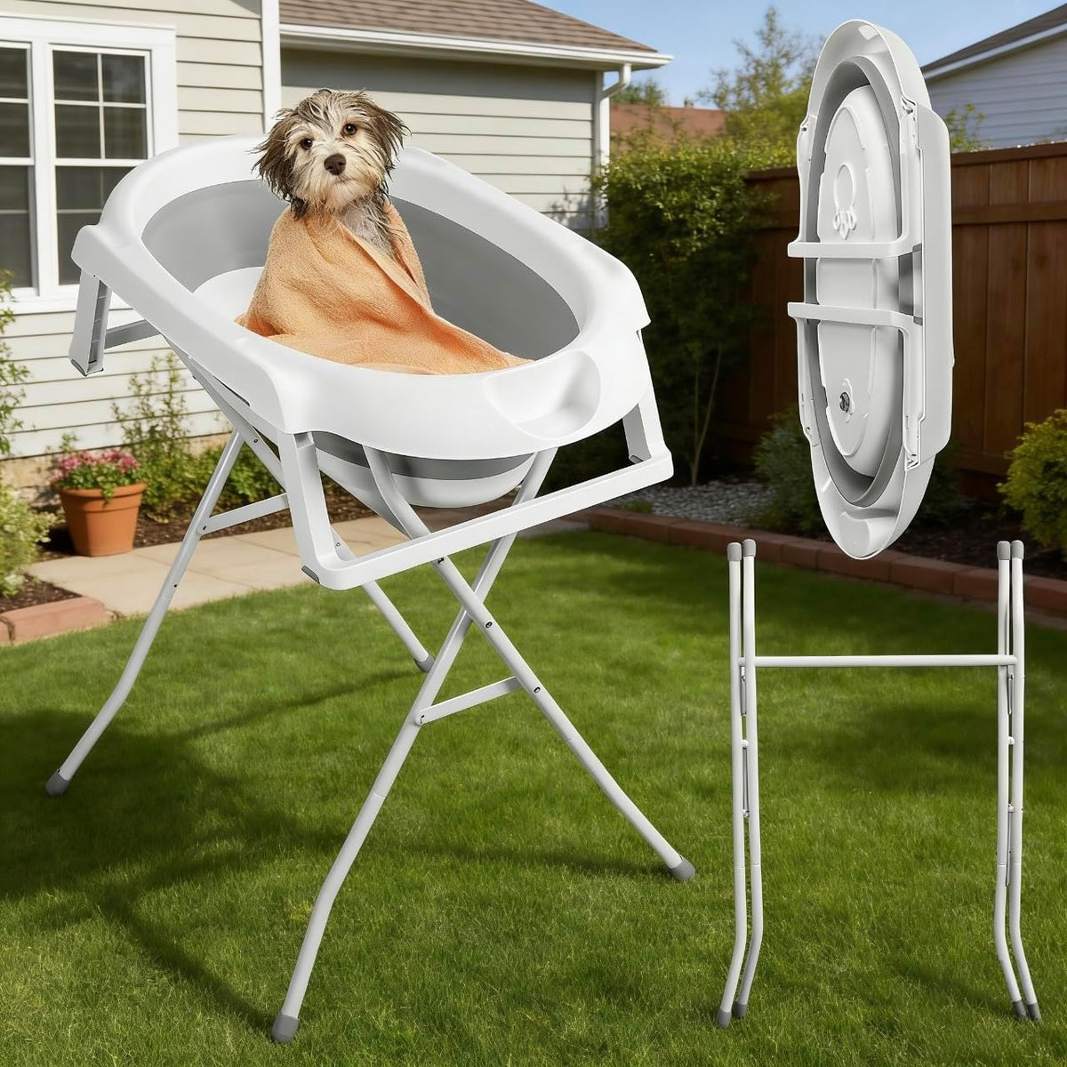 2 in 1 Dog Bathtub Dog Washing Station, Collapsible Elevated Pet Bath Tub for Dogs Cats Bathing and Grooming