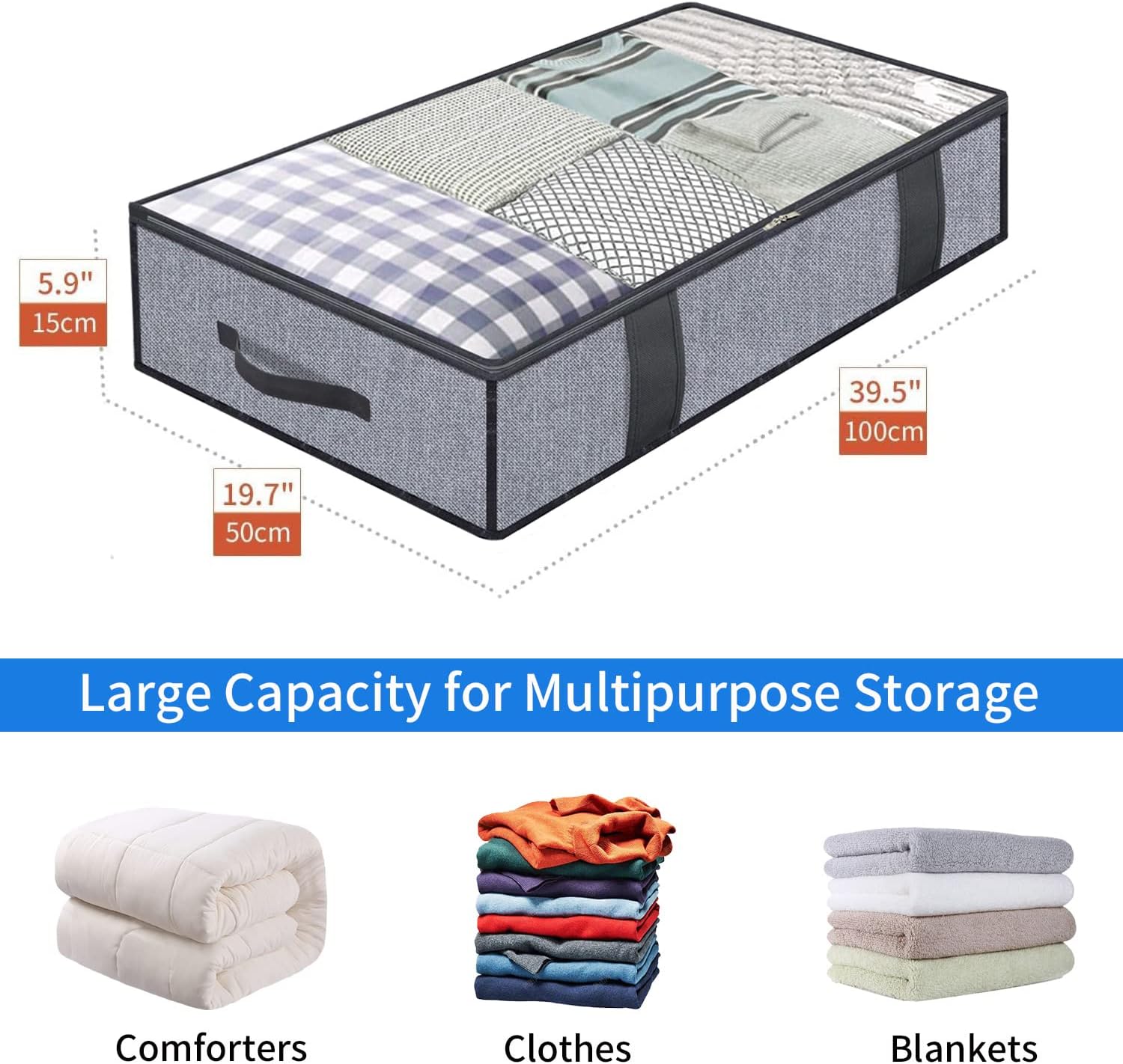 Foldable Underbed Bags 2 Pack - Blankets Clothes Comforters Storage Bag Breathable Zippered Organizer for Bedroom
