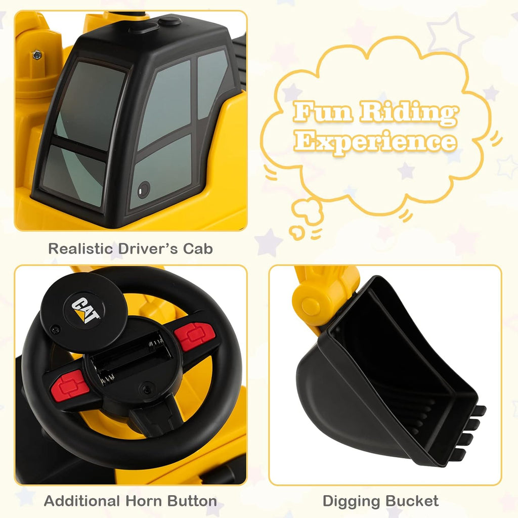 Licensed Caterpillar Ride on Excavator, Toddler Ride on Push Car with Digging Bucket, Under Seat Storage, Foot to