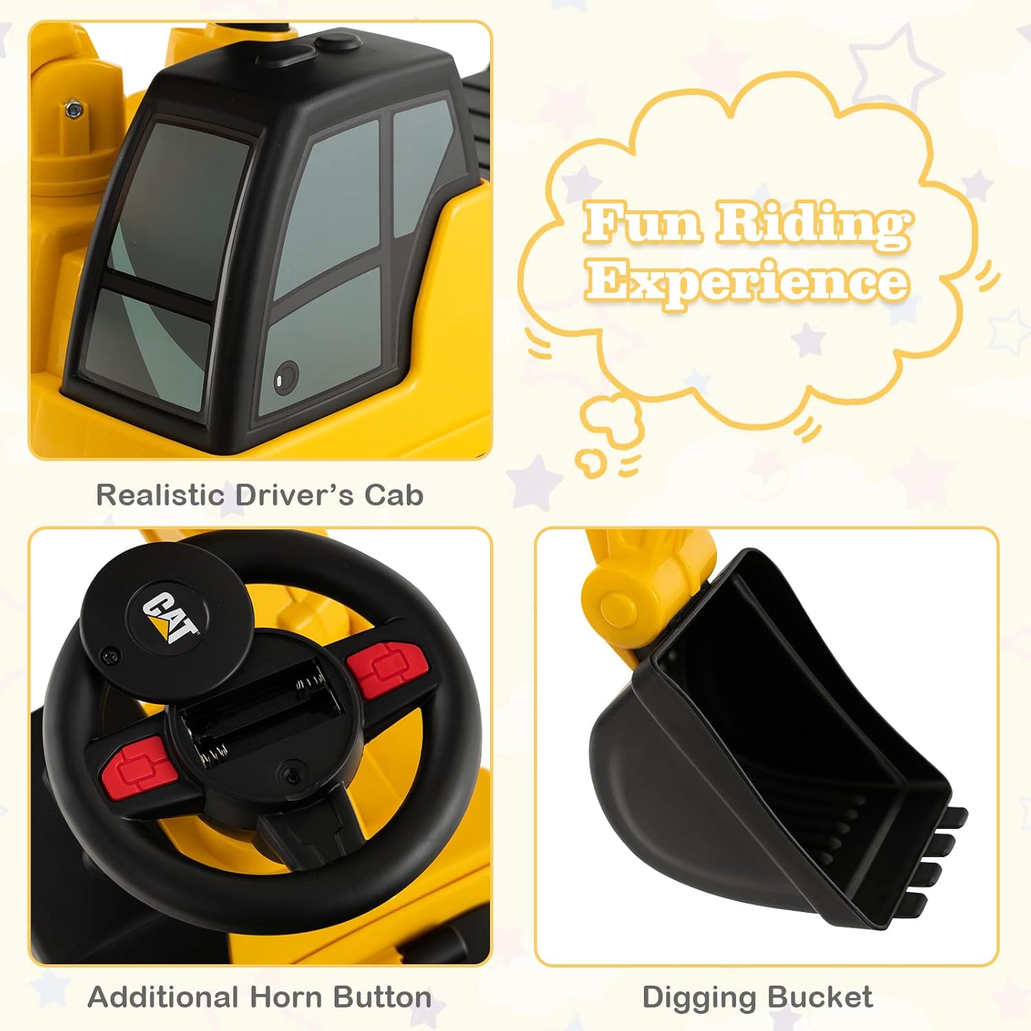 Licensed Caterpillar Ride on Excavator, Toddler Ride on Push Car with Digging Bucket, Under Seat Storage, Foot to