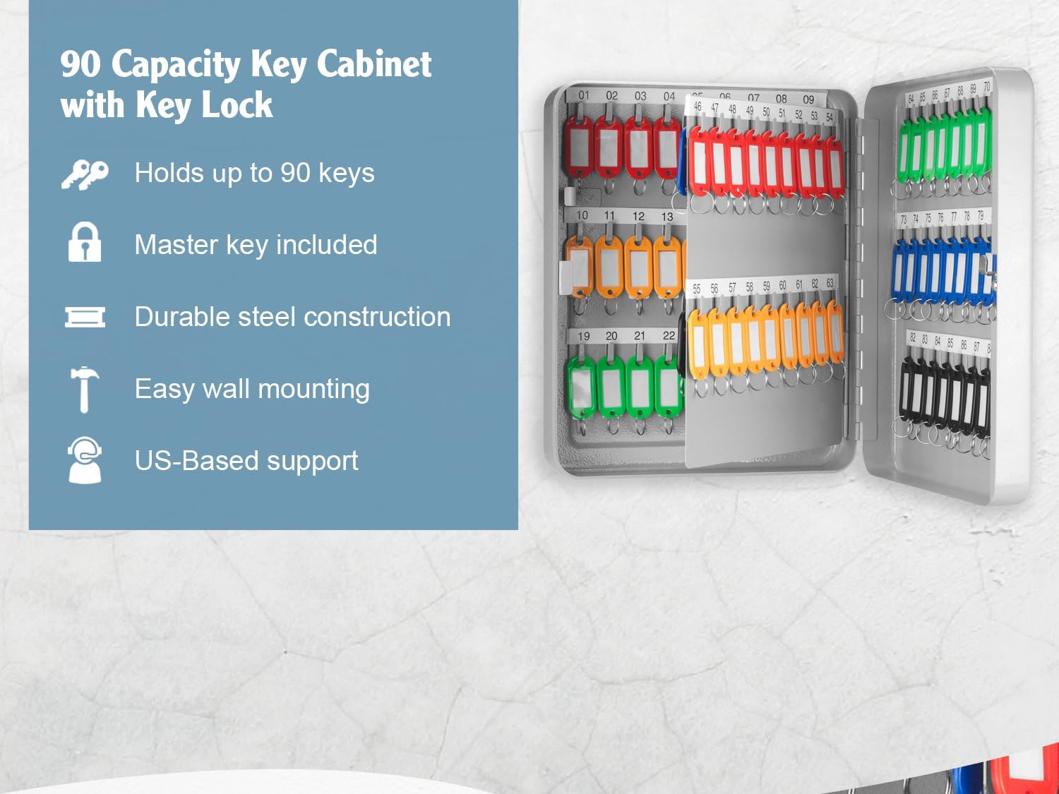 90 Position Key Lock Box – Hook-Style Cabinet with Numbered Hooks, Key Tags, Log Sheet, Labeled Shelves, Wall Mount