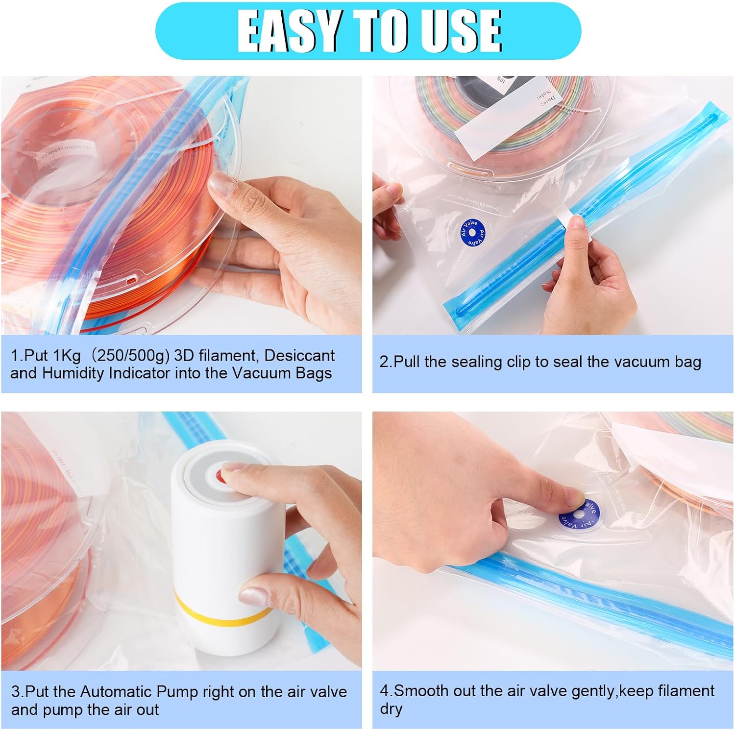 Filament Storage Bags Vacuum Kit, Cleaning Drying Sealed 16 Bags with Two Sizes for 3D Printer Filament with