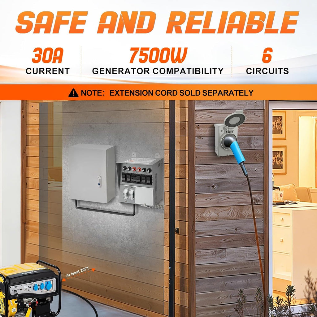 31406CWK Pro/Tran 30 Amp 6-Circuit Generator Transfer Switch Kit 7500 Watts Include Weatherproof Inlet Box, 10 Foot