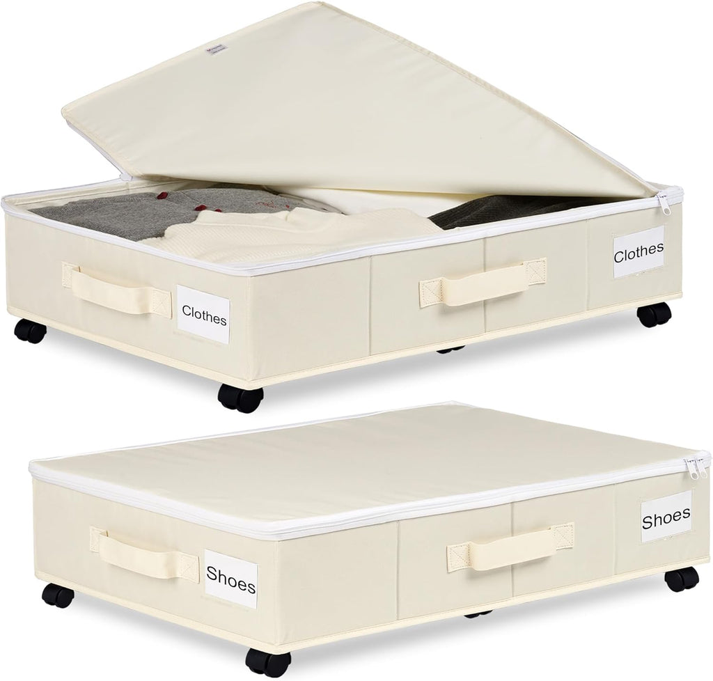 Under Bed Storage with Wheels, 2 Pack Under Bed Storage Containers with Label Holders for Clothes, Shoes and