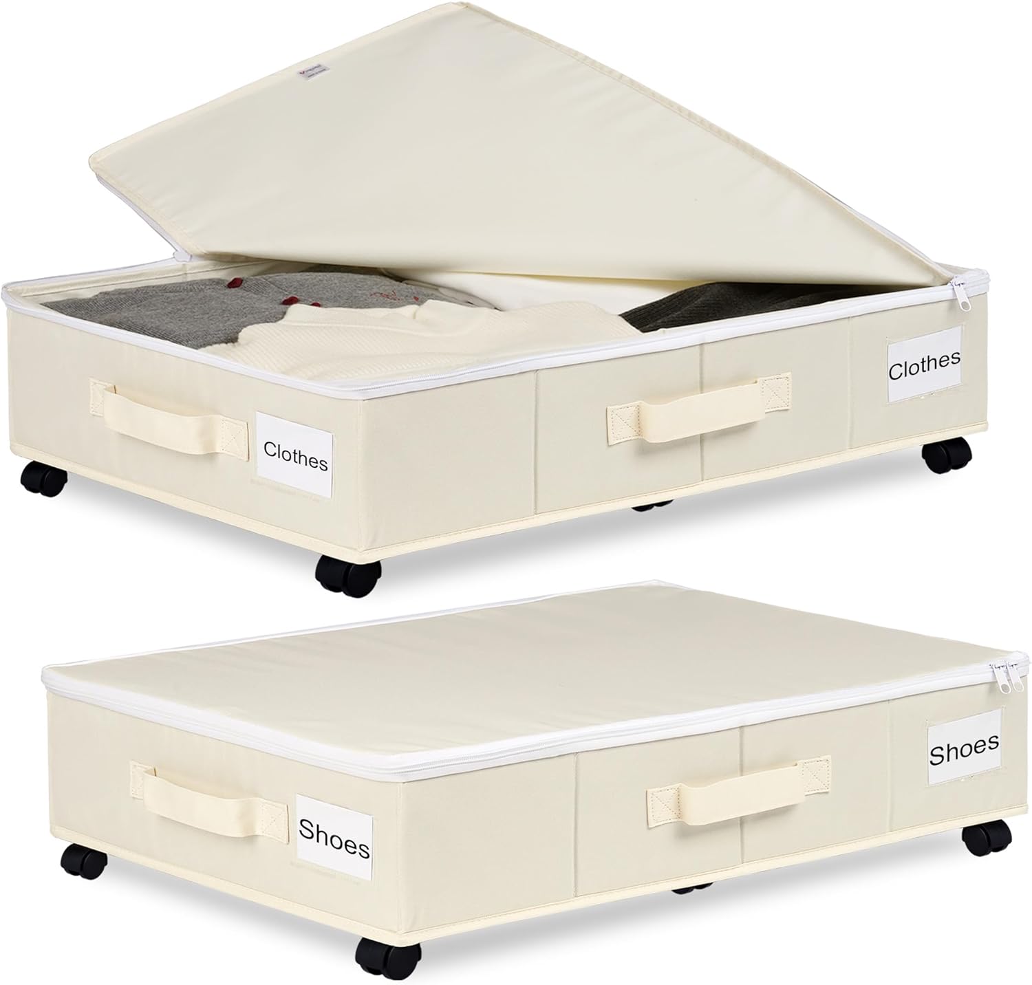 Under Bed Storage with Wheels, 2 Pack Under Bed Storage Containers with Label Holders for Clothes, Shoes and