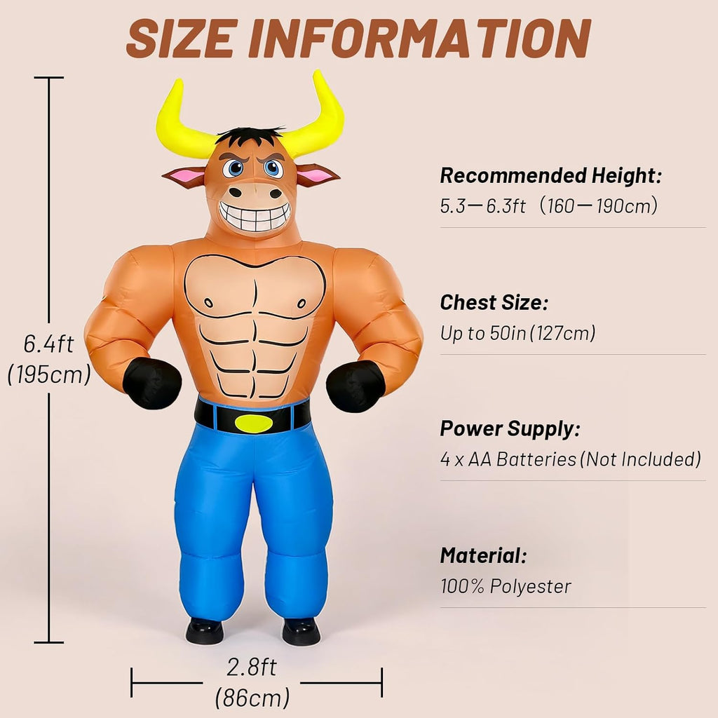 Inflatable Bull Costume Adult, Blow Up Costume for Halloween | Fits 5'3" to 6'3", Full Body Muscle Inflatable Cow