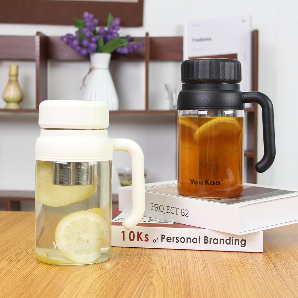 32oz Glass Water Bottle, Tea Bottle with Infuser & Handle, BPA-Free Leakproof Wide Mouth Large Tea Infuser cup for