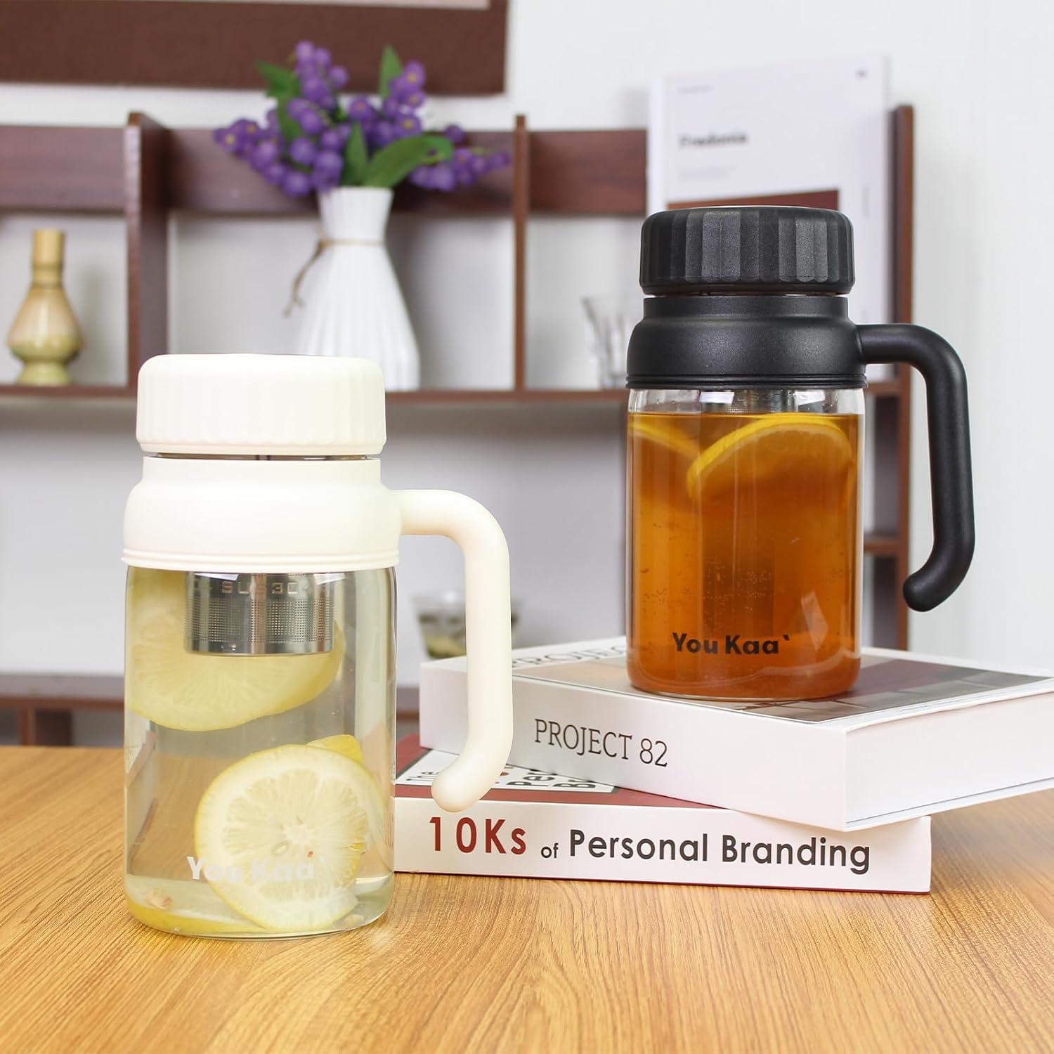 32oz Glass Water Bottle, Tea Bottle with Infuser & Handle, BPA-Free Leakproof Wide Mouth Large Tea Infuser cup for