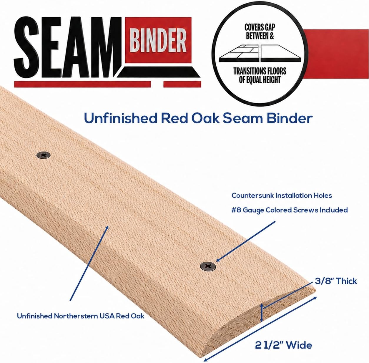 3 FT Unfinished Oak Floor Transition Strip 2 1/2” Wide – Solid Wood Seam Binder for Joining Hardwood, Laminate, or