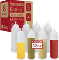 Plastic Squeeze Bottles 32 oz. | 8 Pack | Clear w/Tethered Caps