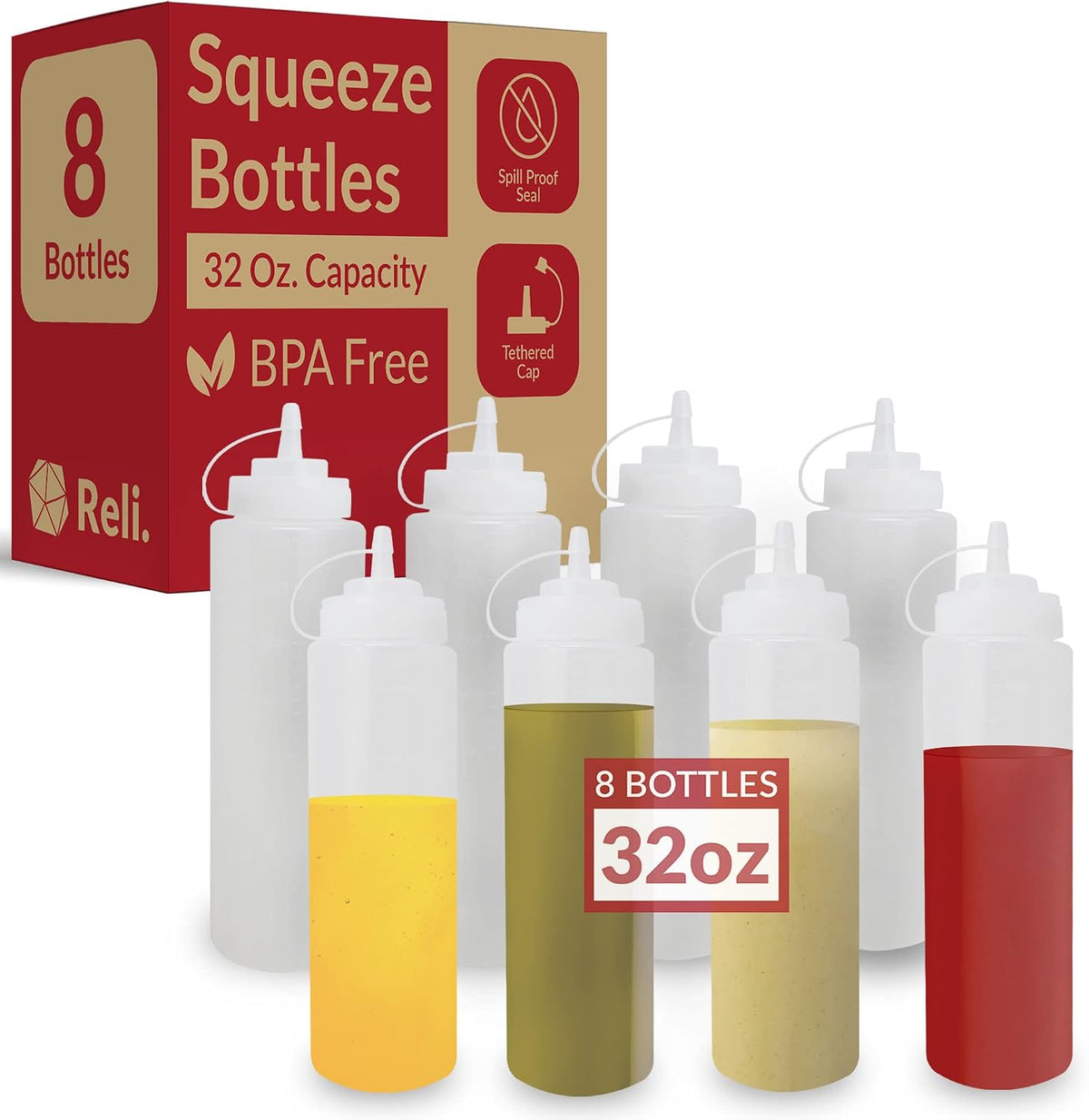 Plastic Squeeze Bottles 32 oz. | 8 Pack | Clear w/Tethered Caps