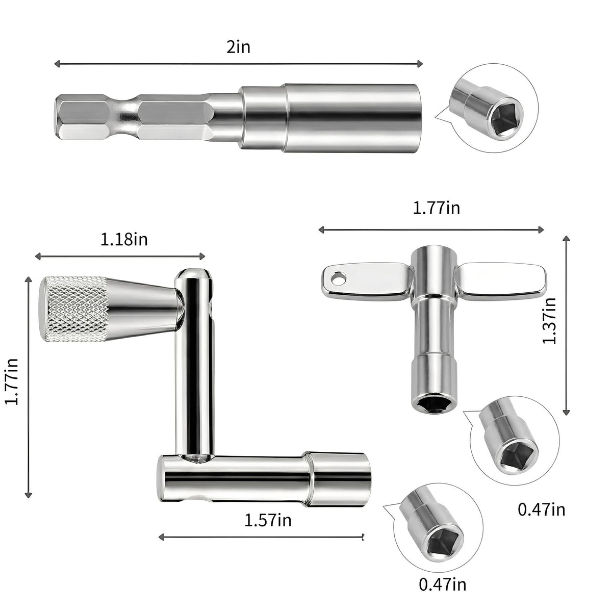 Drum Key Set with Drill Bit Adapter, Speed Standard Keys Chrome