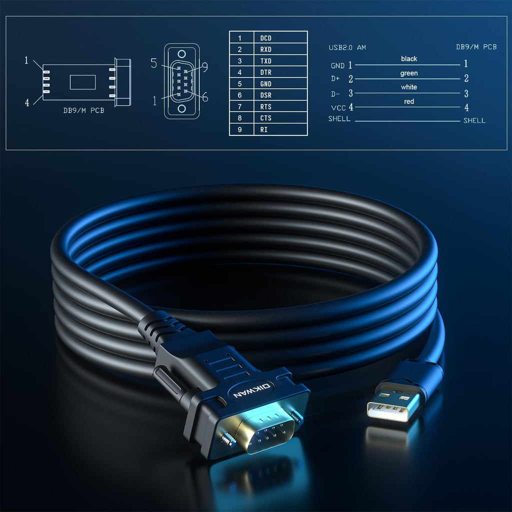 USB to RS232, USB Serial Adapter with FTDI Chipset,USB 2.0 to Male DB9 Serial Cable for Windows 11,10, 8, 7, Vista, XP, 2000, Linux and Mac OS(6ft)…
