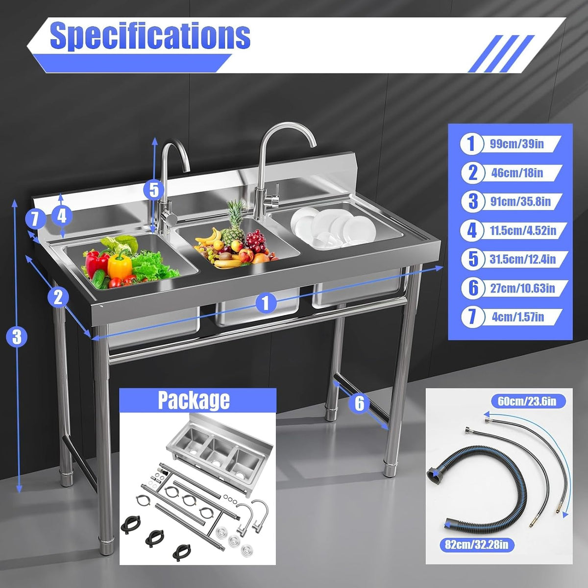 3 Compartment Kitchen Sink 304 Stainless Steel Utility Sink