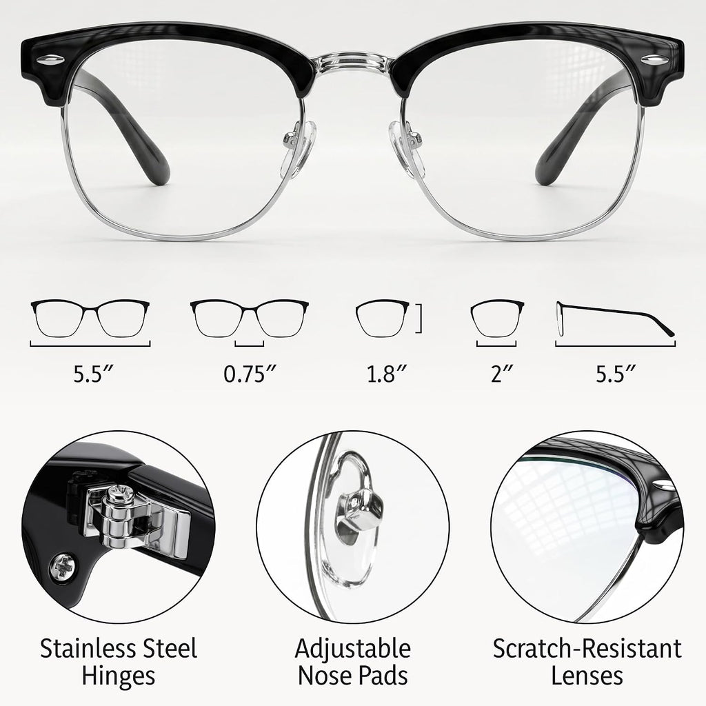 Blue Light Glasses for Men Computer - Gaming Blocking Anti Eyestrain UV Clear Lens Vintage Half Frame Fake Eyeglasses