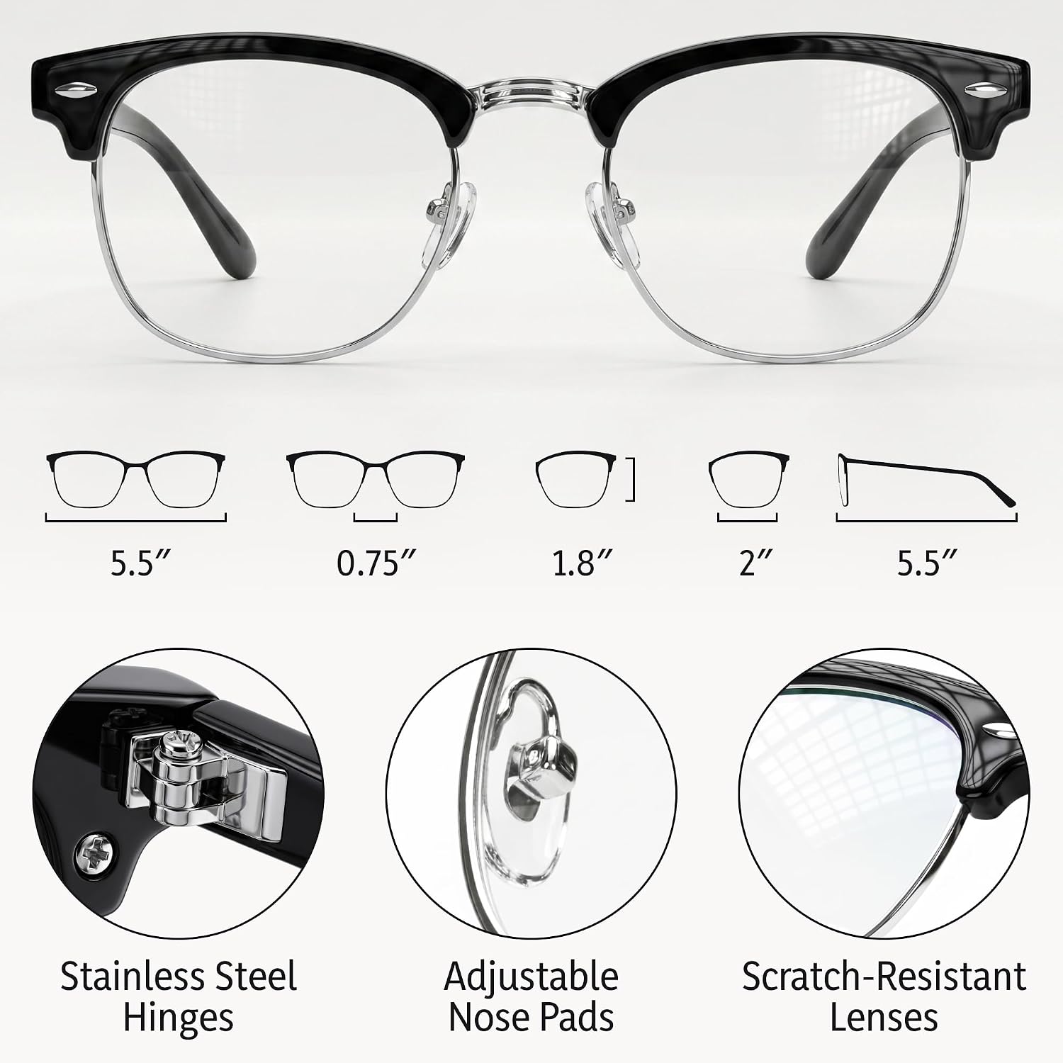 Blue Light Glasses for Men Computer - Gaming Blocking Anti Eyestrain UV Clear Lens Vintage Half Frame Fake Eyeglasses