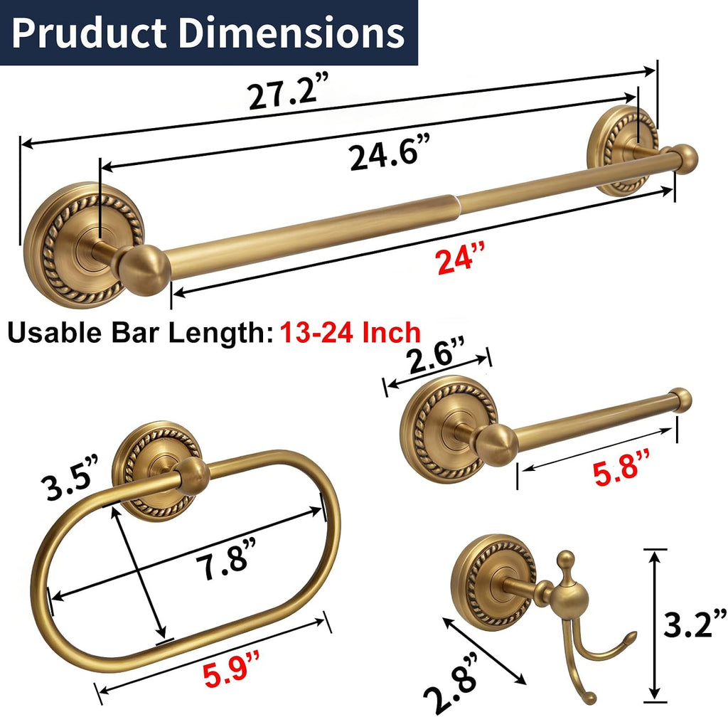 Antique Brass 4-Piece Bathroom Hardware Set Adjustable Towel Bar 13-24" | Vintage Gold Towel Bar, Oval Towel Ring